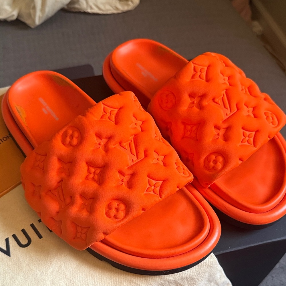 Louis Vuitton Bright Orange Pillow Flat Monogram Pool Slide Sandals